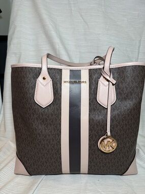 Michael Kors Brown Signature Tote with Pale Pink Trim and Black Stripe